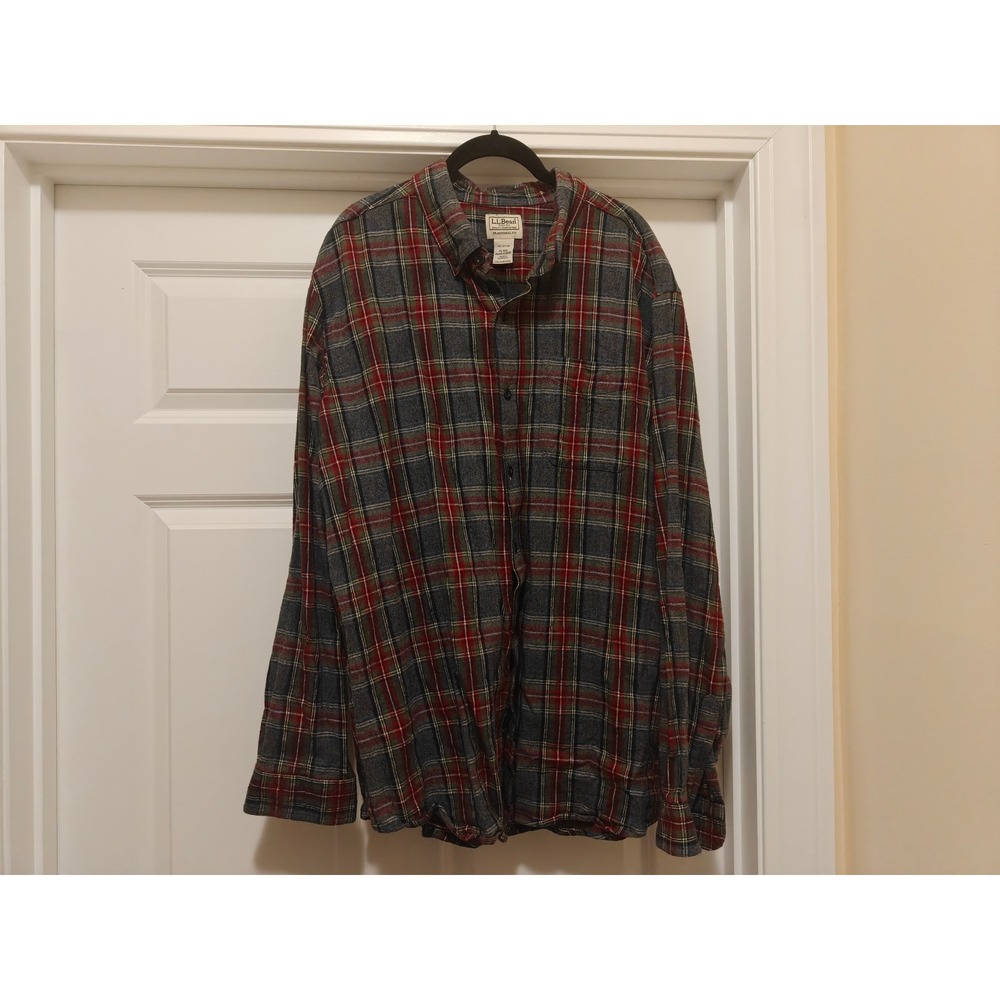 LL Bean Mens XL Flannel Shirt Plaid Grey Red Traditional Fit Cotton 228061
